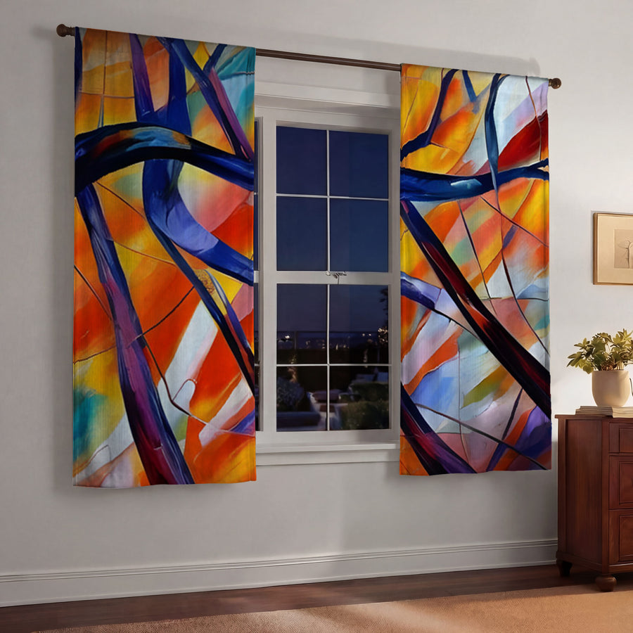 Multicolor Stained Glass Line Abstract Pattern Window Curtains