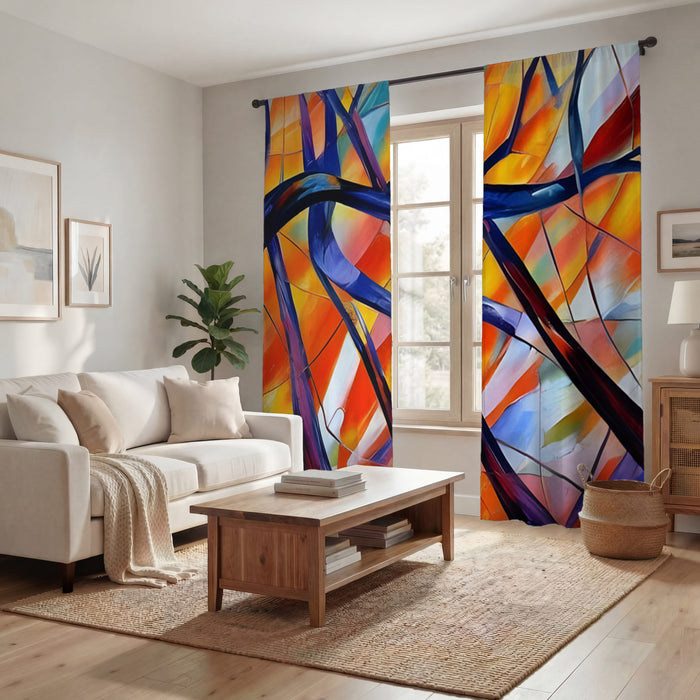 Multicolor Stained Glass Line Abstract Pattern Window Curtains