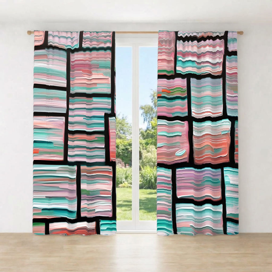 Multicolor Brick Tile Geometric Pattern Window Curtains