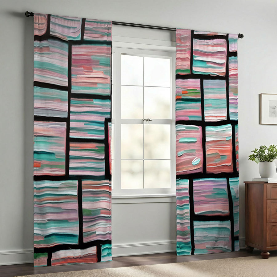 Multicolor Brick Tile Geometric Pattern Window Curtains