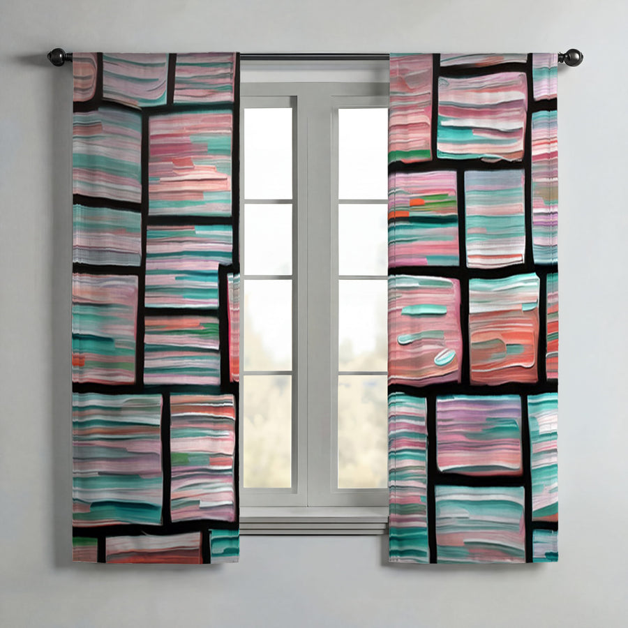 Multicolor Brick Tile Geometric Pattern Window Curtains