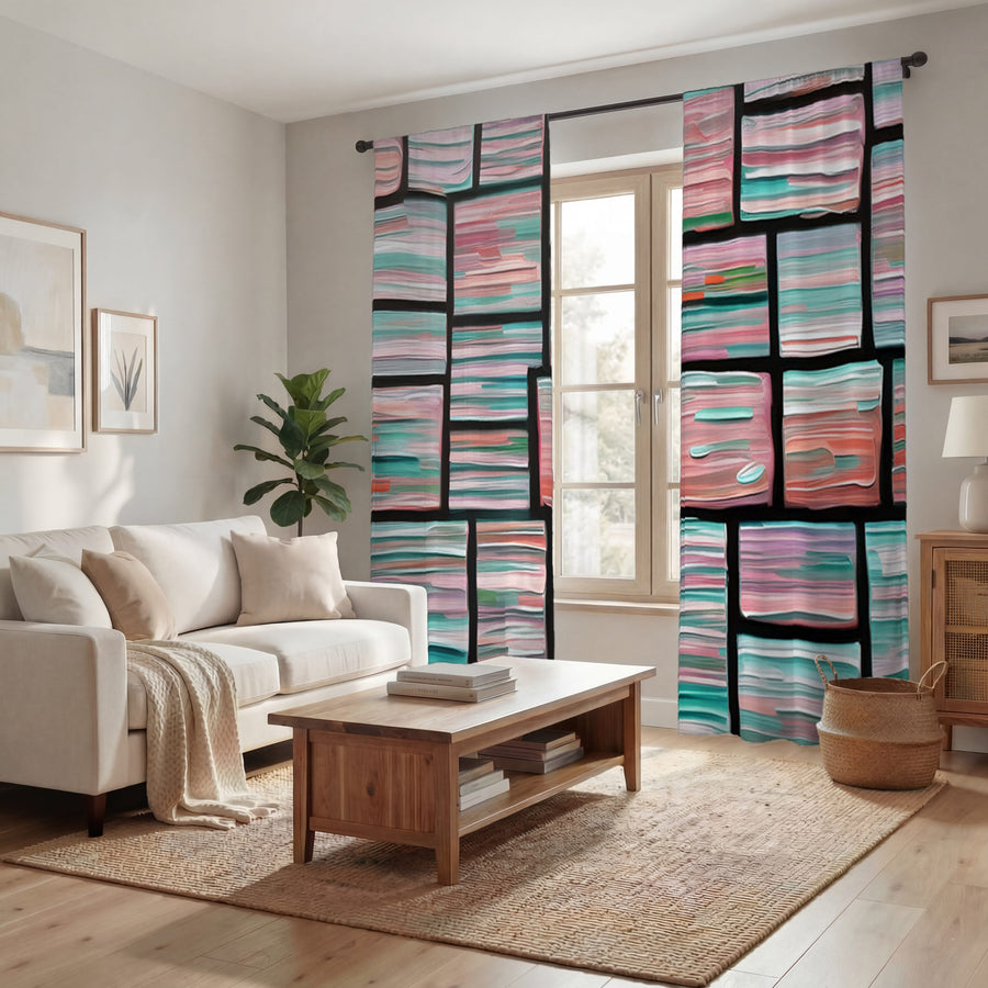 Multicolor Brick Tile Geometric Pattern Window Curtains
