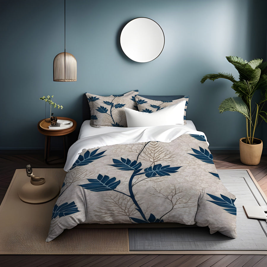 Blue Botanical Leaf Pattern Duvet Cover