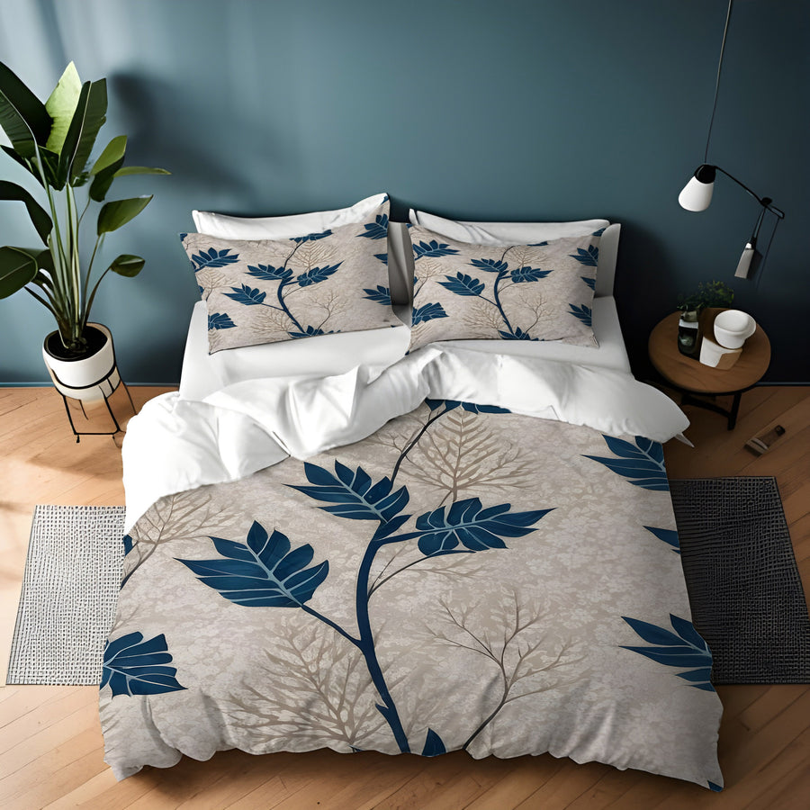 Blue Botanical Leaf Pattern Duvet Cover