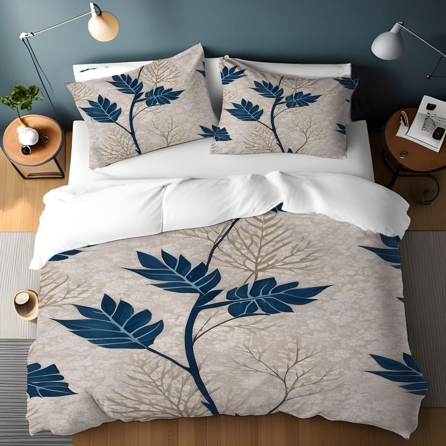 Blue Botanical Leaf Pattern Duvet Cover