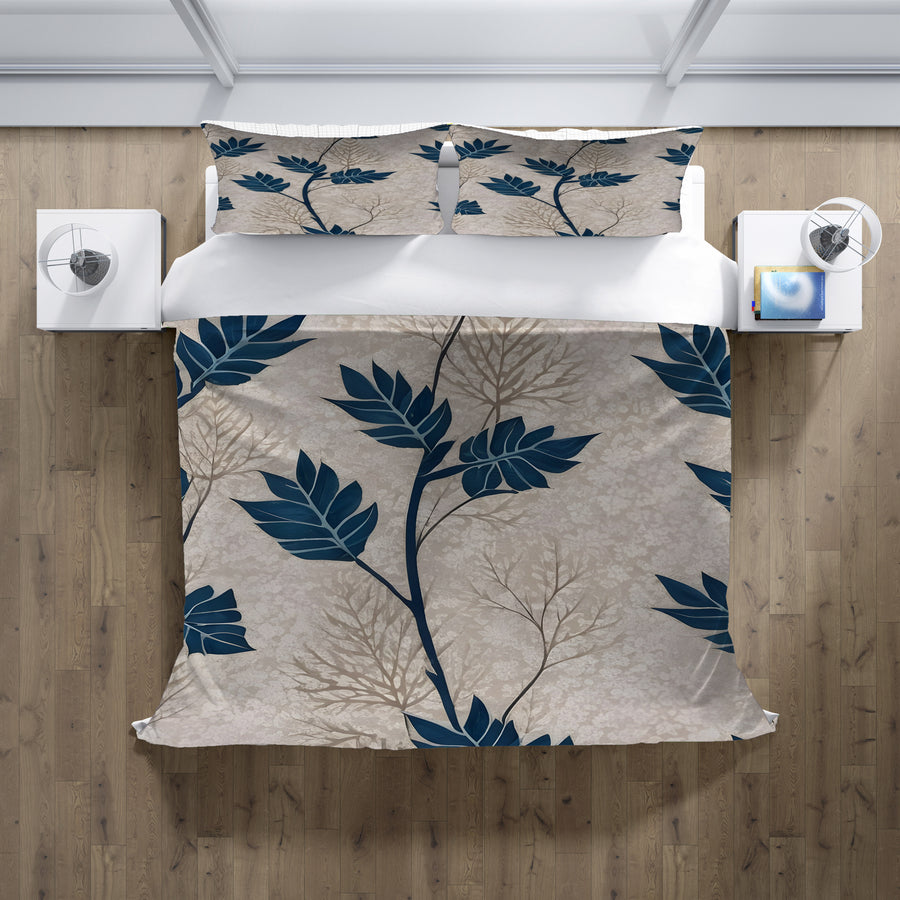 Blue Botanical Leaf Pattern Duvet Cover