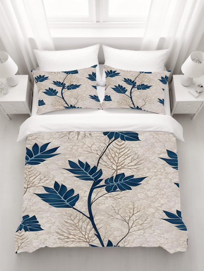 Blue Botanical Leaf Pattern Duvet Cover