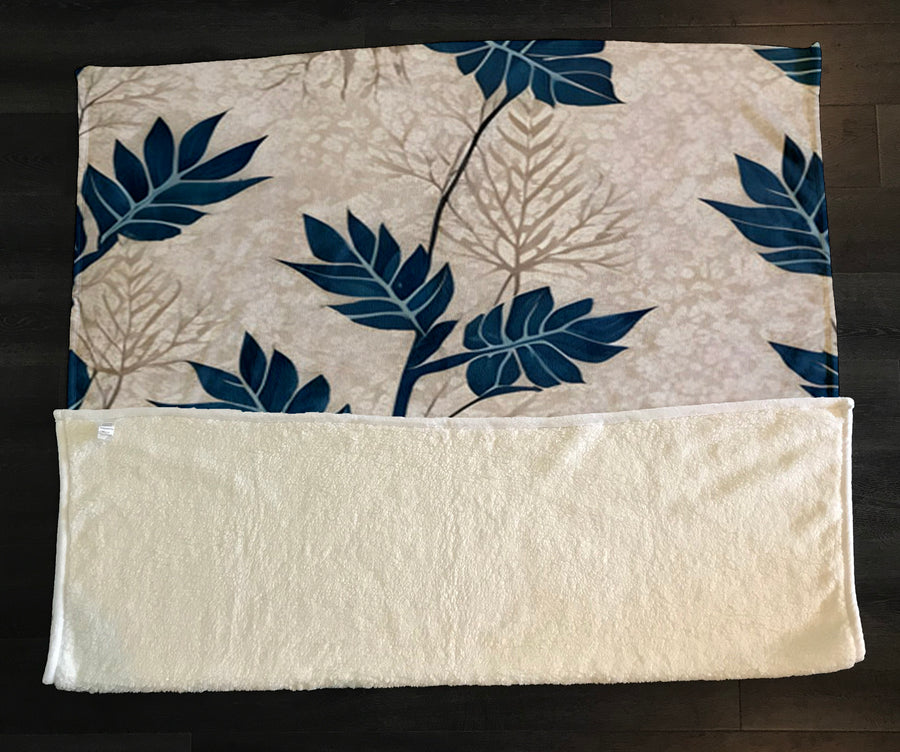 Blue Botanical Leaf Pattern Fleece Sherpa Blanket