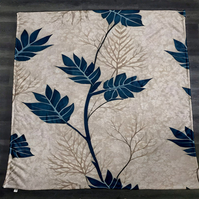 Blue Botanical Leaf Pattern Fleece Sherpa Blanket