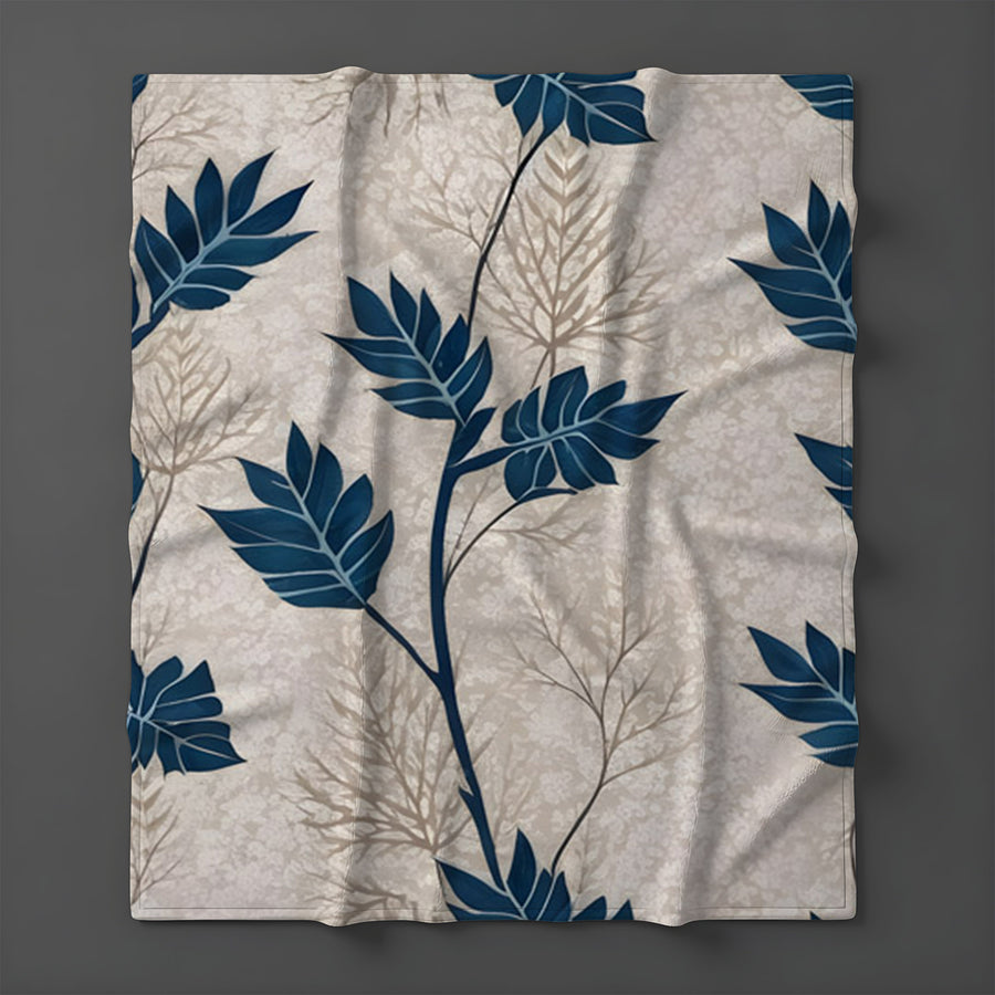 Blue Botanical Leaf Pattern Fleece Sherpa Blanket