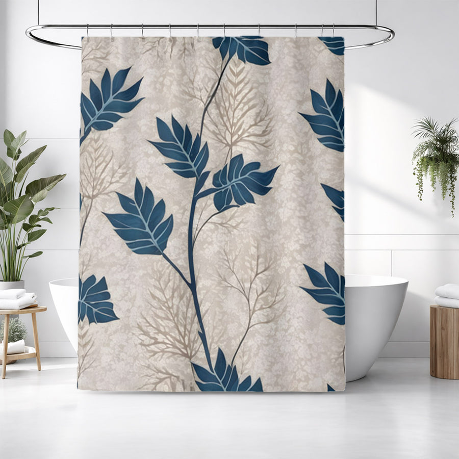 Blue Botanical Leaf Pattern Shower Curtain