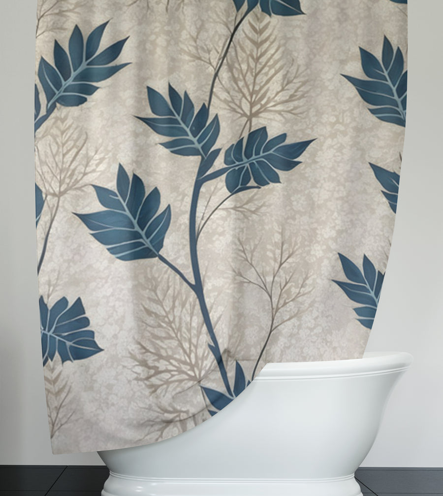 Blue Botanical Leaf Pattern Shower Curtain