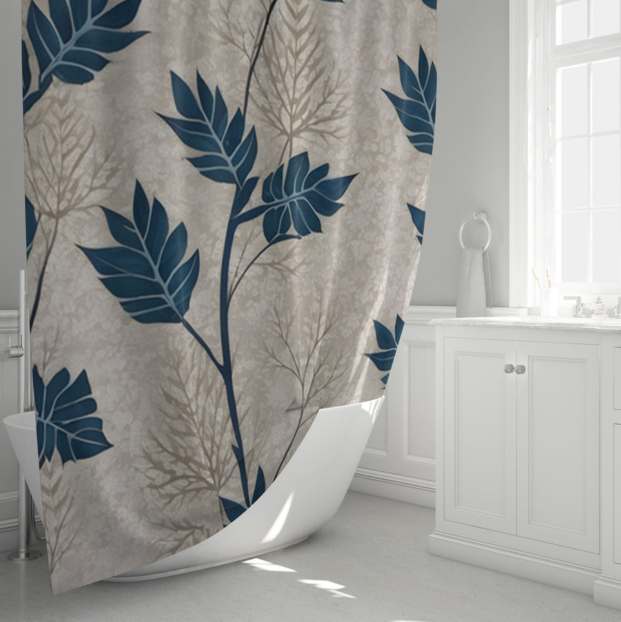 Blue Botanical Leaf Pattern Shower Curtain