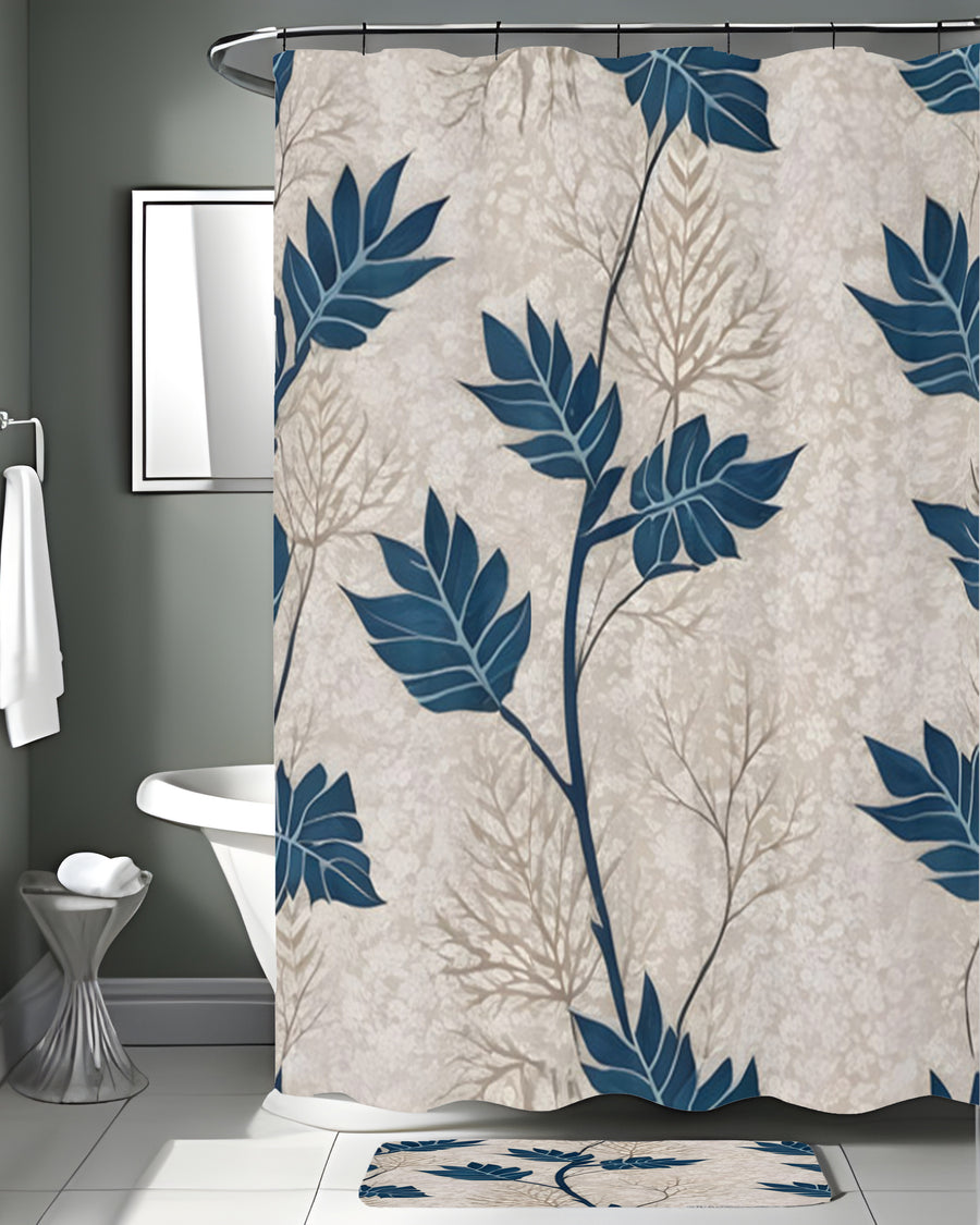 Blue Botanical Leaf Pattern Shower Curtain