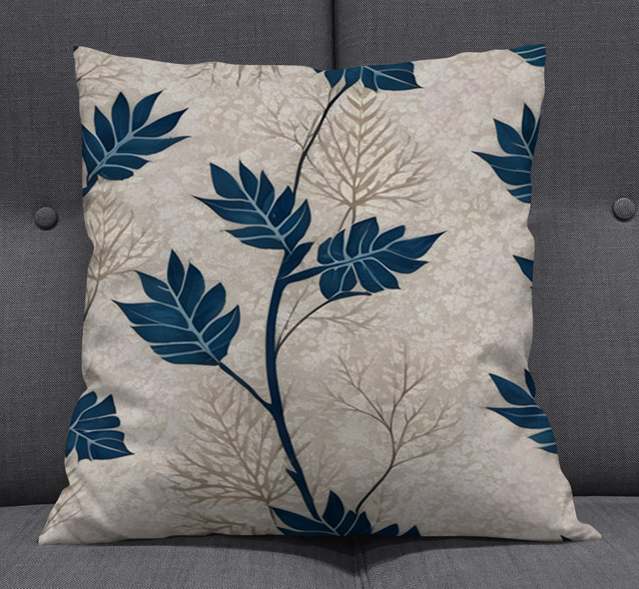 Blue Botanical Leaf Pattern Throw Pillow Cover