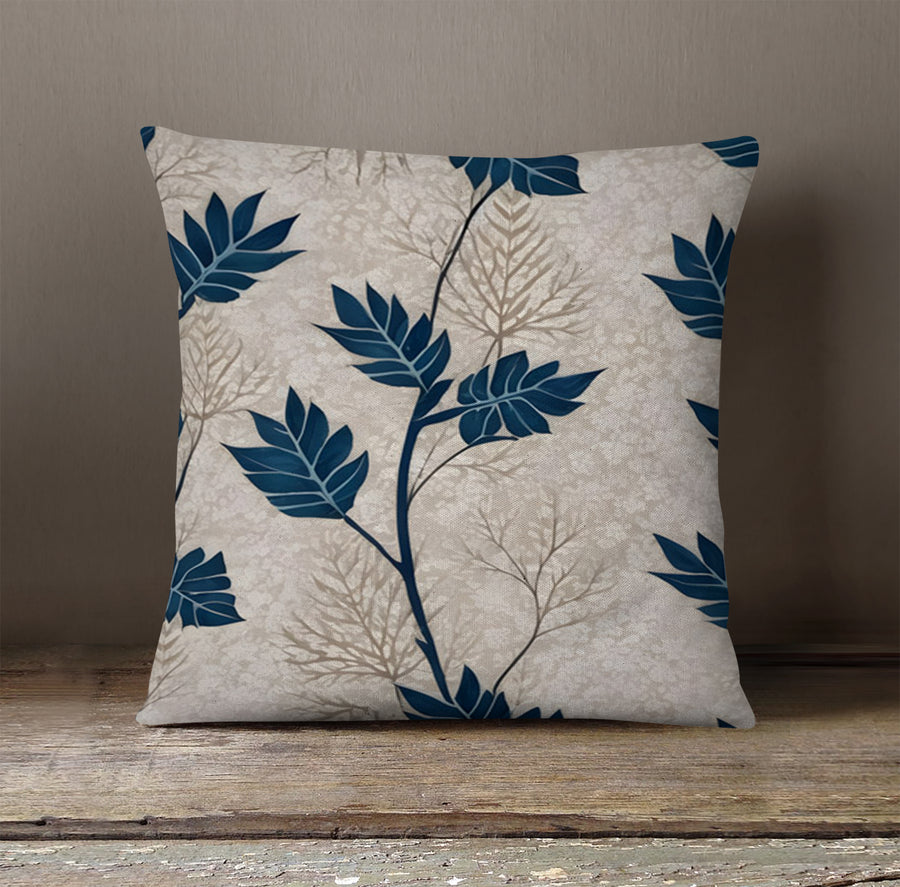 Blue Botanical Leaf Pattern Throw Pillow Cover