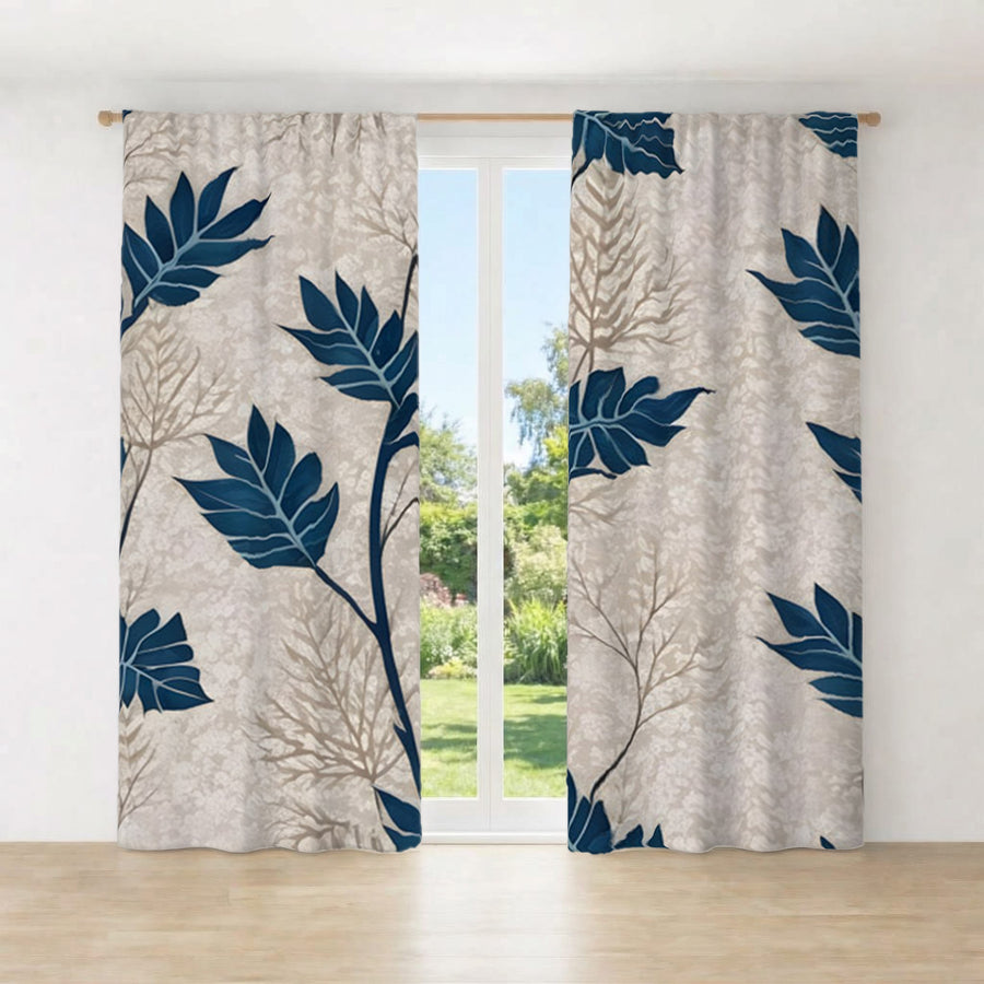 Blue Botanical Leaf Pattern Window Curtains