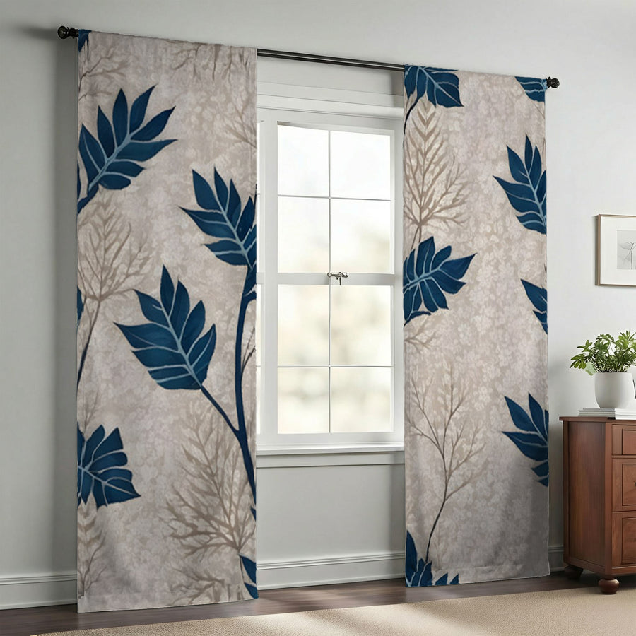 Blue Botanical Leaf Pattern Window Curtains