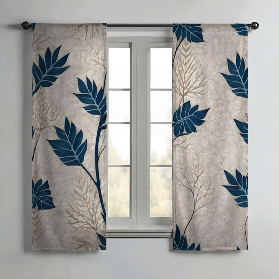 Blue Botanical Leaf Pattern Window Curtains