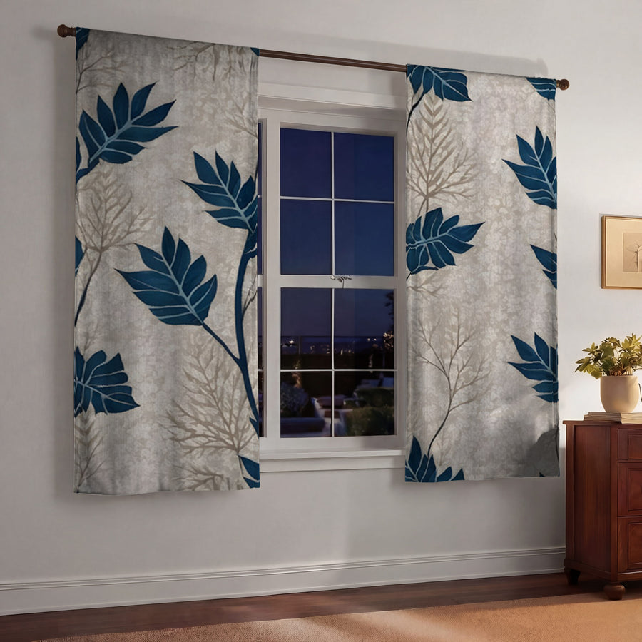 Blue Botanical Leaf Pattern Window Curtains
