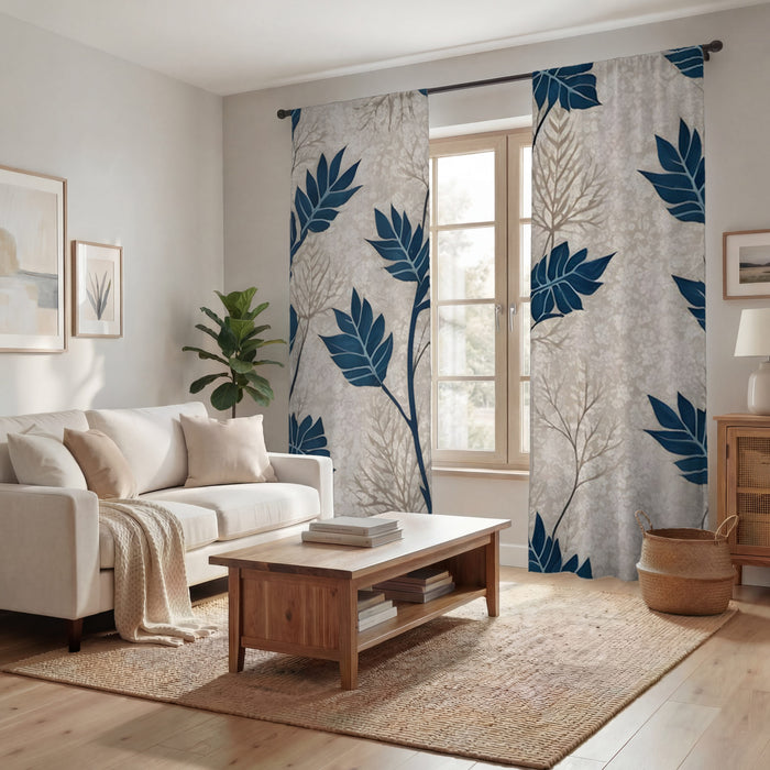 Blue Botanical Leaf Pattern Window Curtains