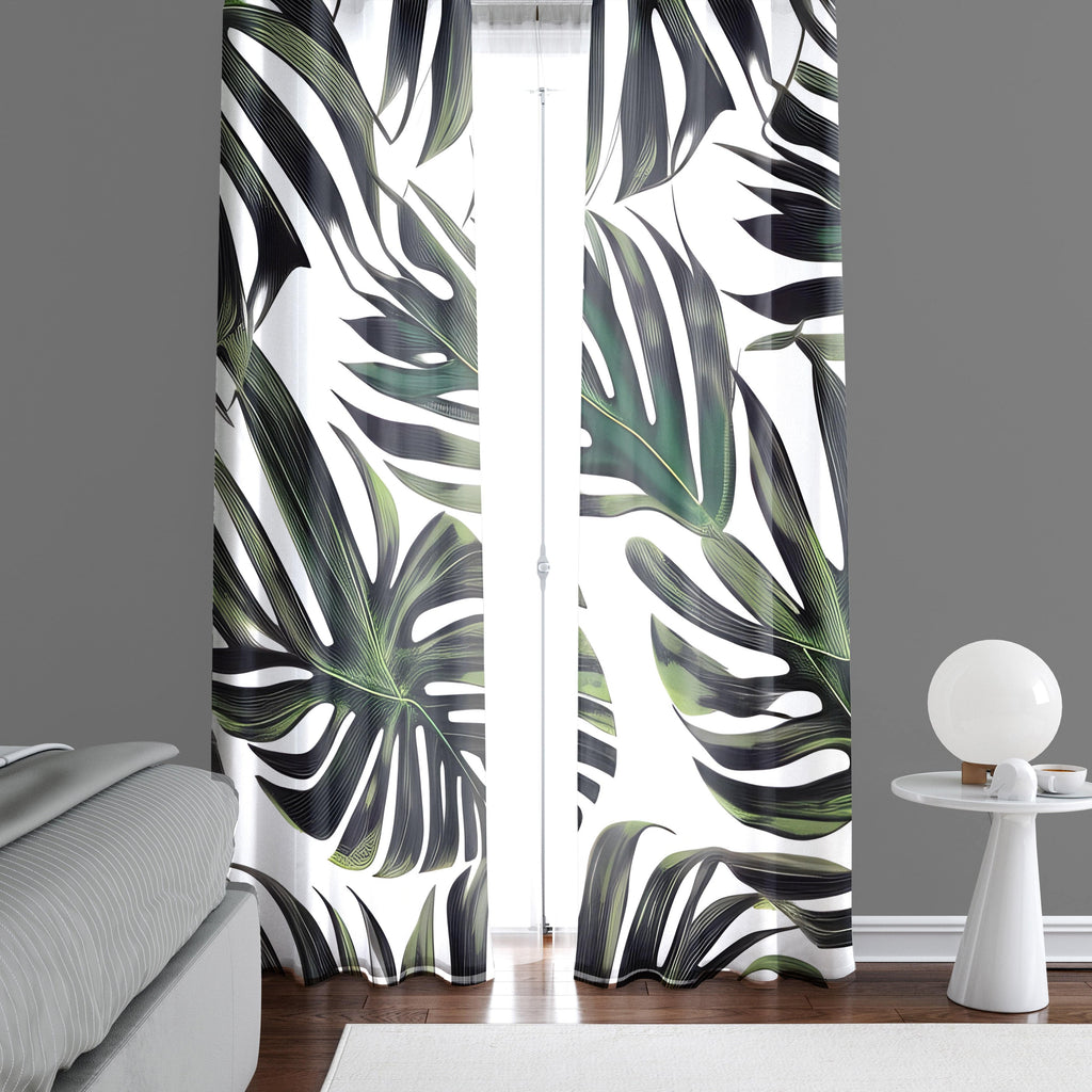 Monstera Window Curtains - Green and White Abstract Style Broad Leaf - Deja Blue Studios