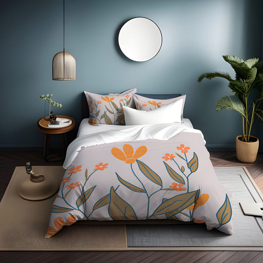 Orange Minimalist Floral Pattern Duvet Cover