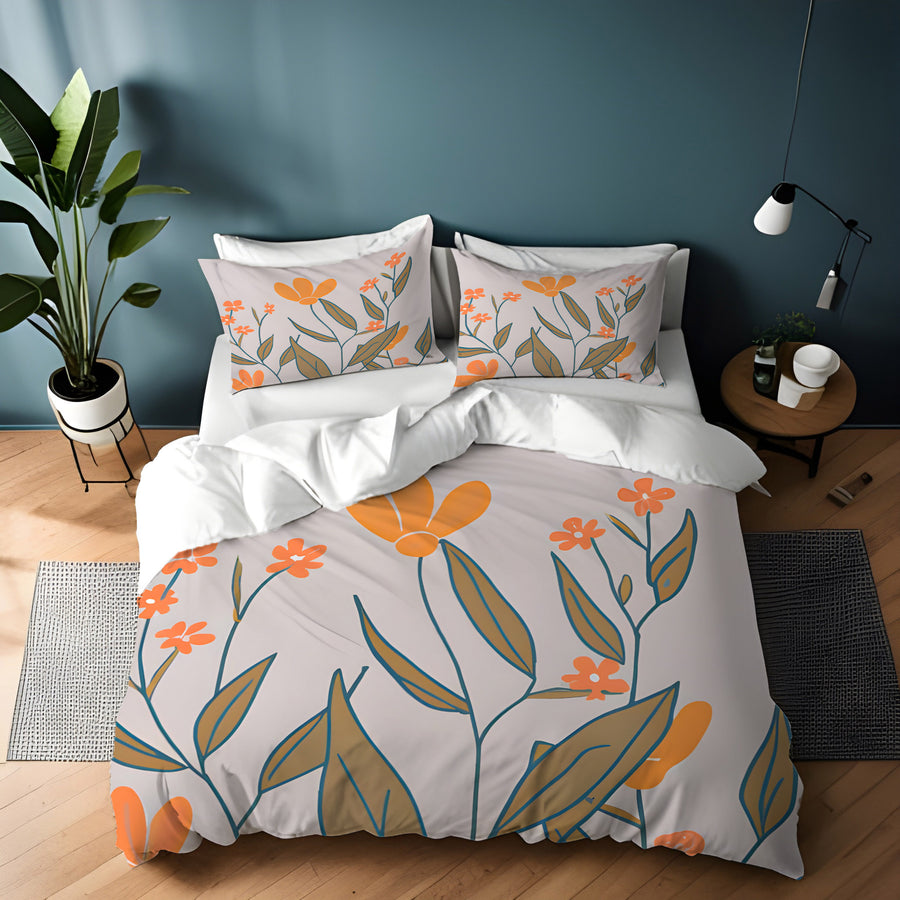 Orange Minimalist Floral Pattern Duvet Cover
