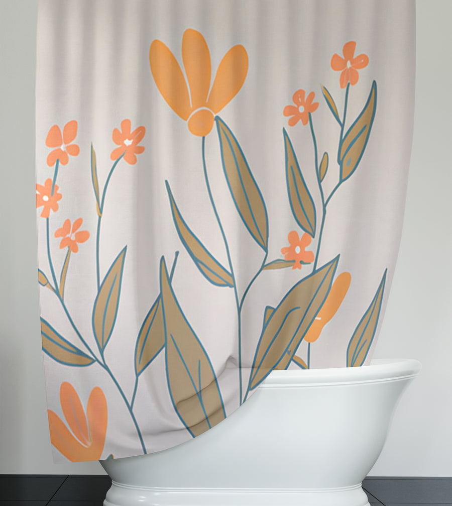 Orange Minimalist Floral Pattern Shower Curtain