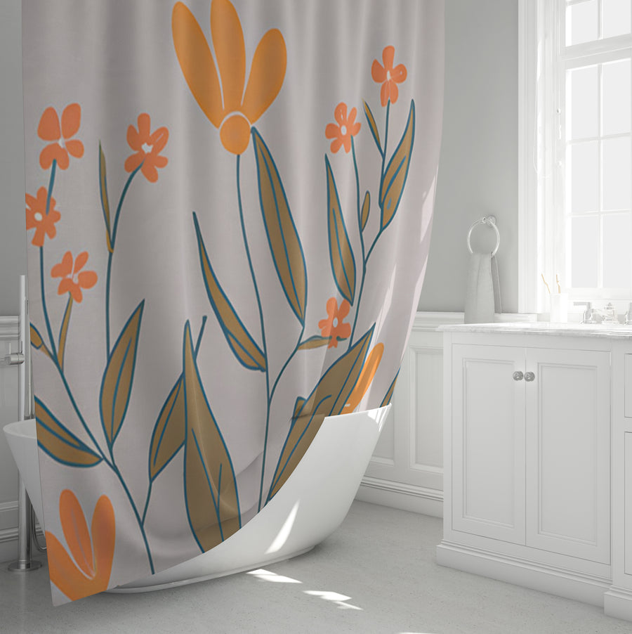 Orange Minimalist Floral Pattern Shower Curtain