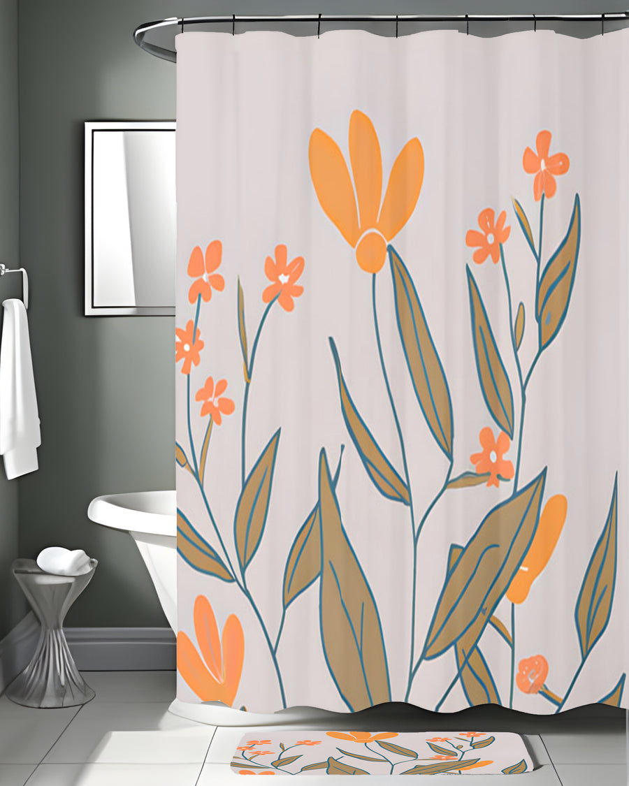 Orange Minimalist Floral Pattern Shower Curtain