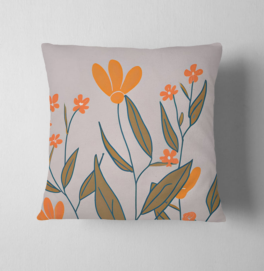 Orange Minimalist Floral Pattern Throw Pillow Cover