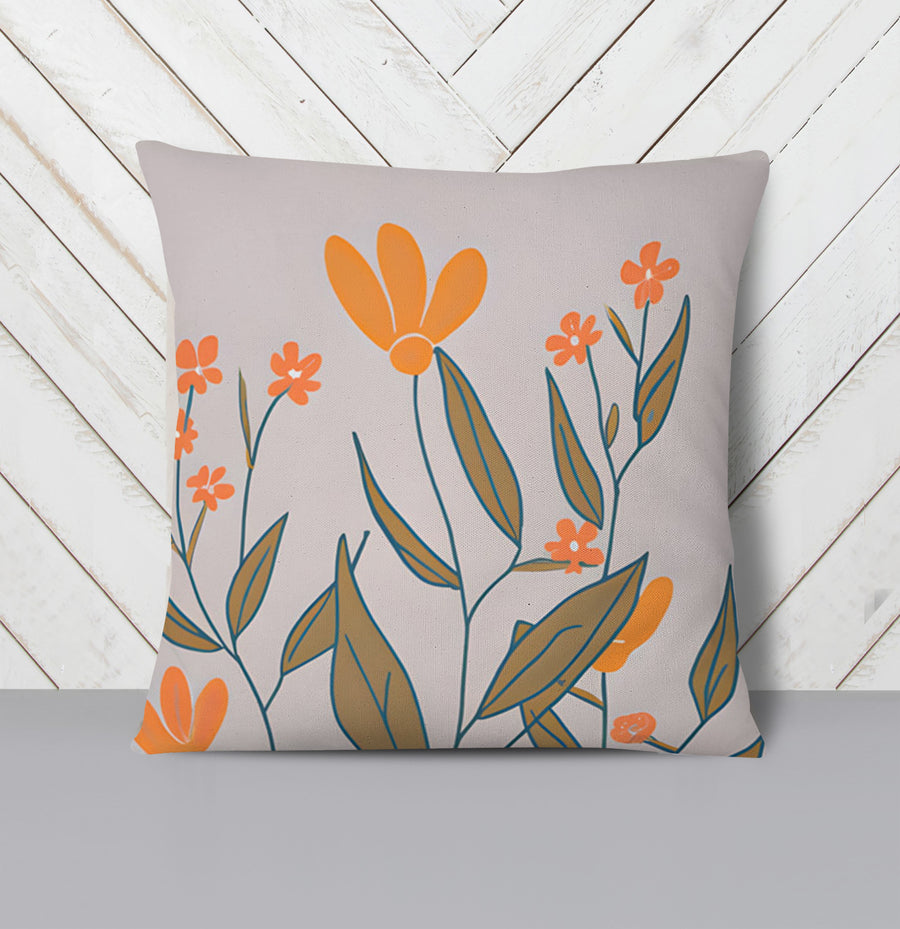 Orange Minimalist Floral Pattern Throw Pillow Cover