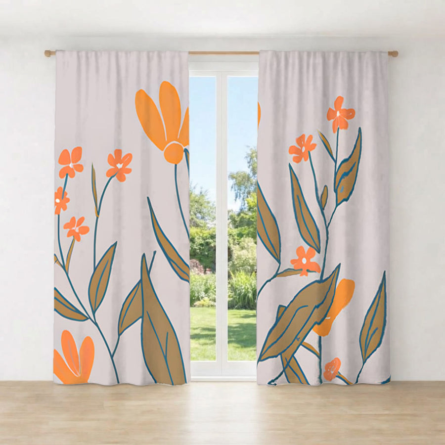 Orange Minimalist Floral Pattern Window Curtains