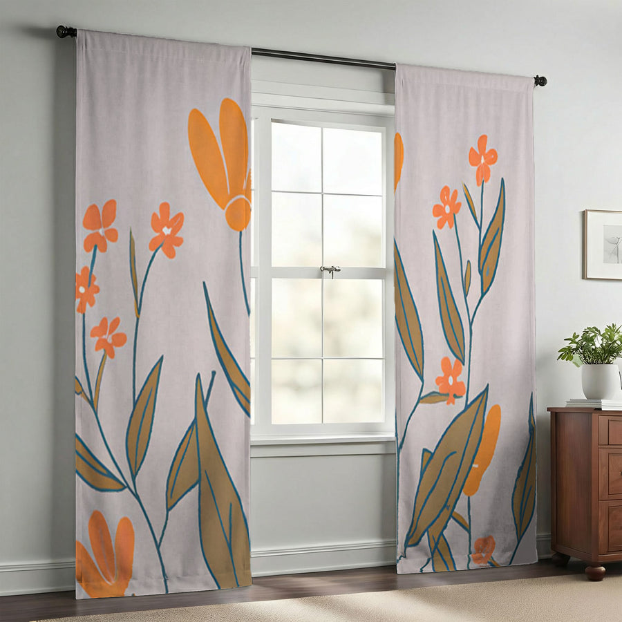Orange Minimalist Floral Pattern Window Curtains