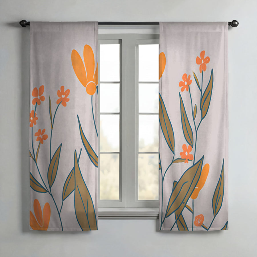 Orange Minimalist Floral Pattern Window Curtains