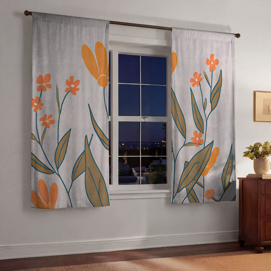 Orange Minimalist Floral Pattern Window Curtains