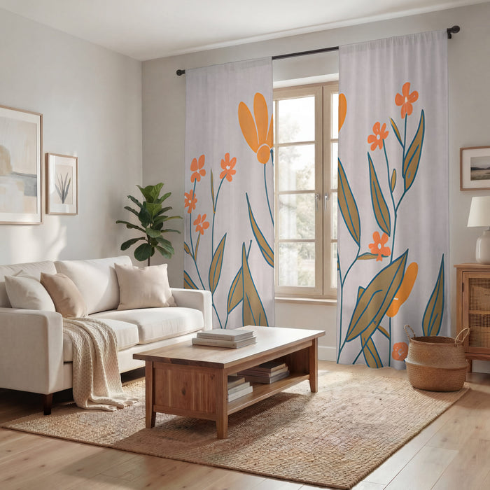 Orange Minimalist Floral Pattern Window Curtains