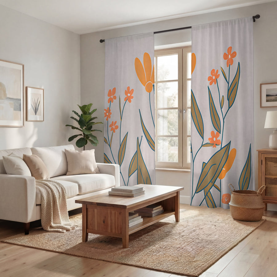 Orange Minimalist Floral Pattern Window Curtains