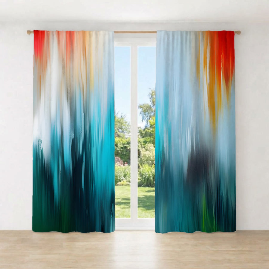 Teal and Orange Gradient Drip Pattern Window Curtains