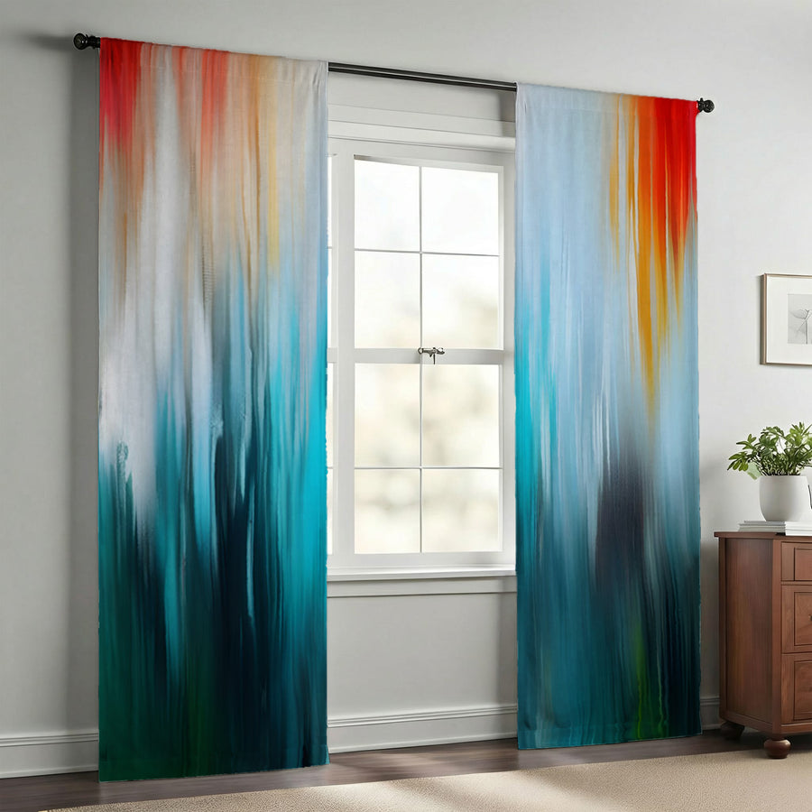 Teal and Orange Gradient Drip Pattern Window Curtains