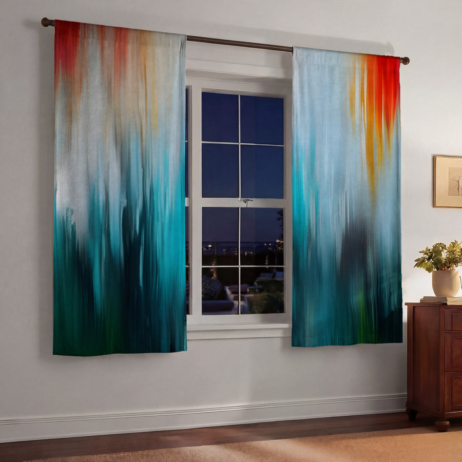 Teal and Orange Gradient Drip Pattern Window Curtains
