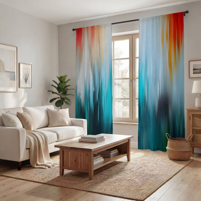 Teal and Orange Gradient Drip Pattern Window Curtains