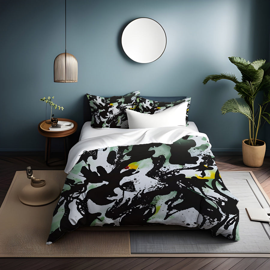 Black and Green Abstract Paint Splatter Pattern Duvet Cover