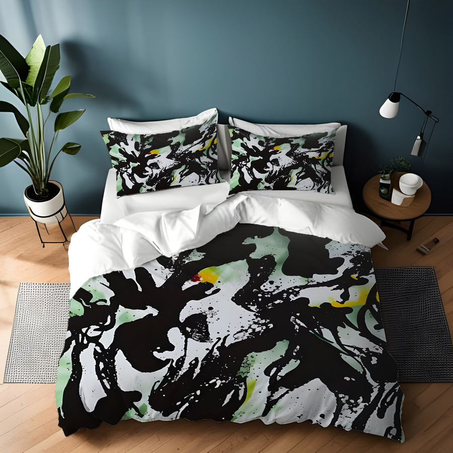 Black and Green Abstract Paint Splatter Pattern Duvet Cover