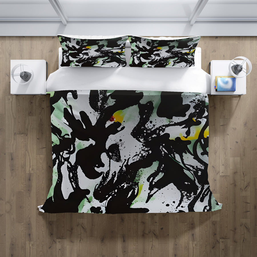 Black and Green Abstract Paint Splatter Pattern Duvet Cover