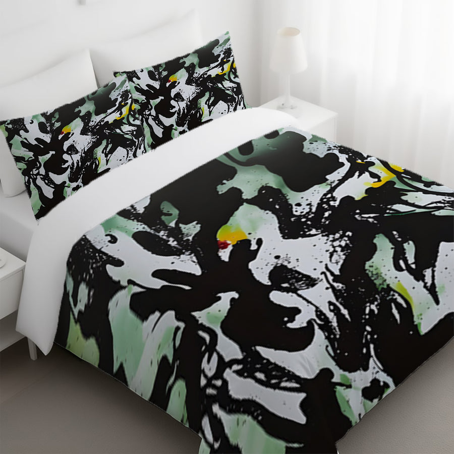 Black and Green Abstract Paint Splatter Pattern Duvet Cover