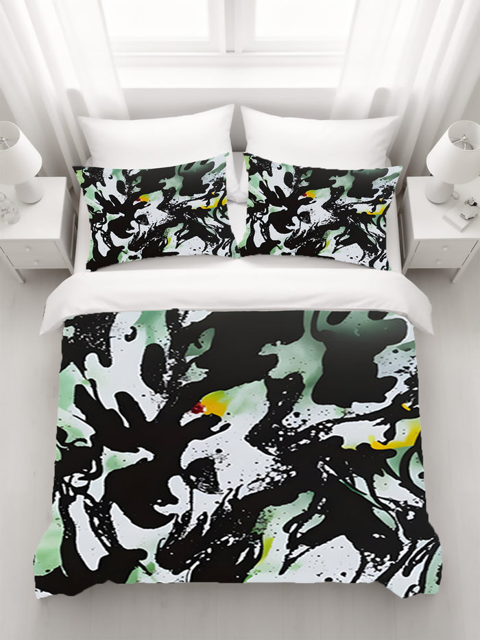 Black and Green Abstract Paint Splatter Pattern Duvet Cover