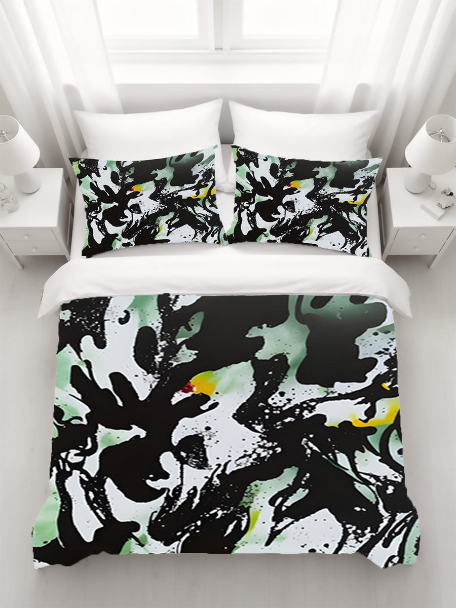Black and Green Abstract Paint Splatter Pattern Duvet Cover