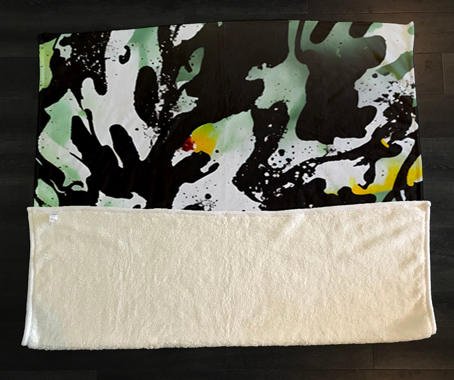 Black and Green Abstract Paint Splatter Pattern Fleece Sherpa Blanket